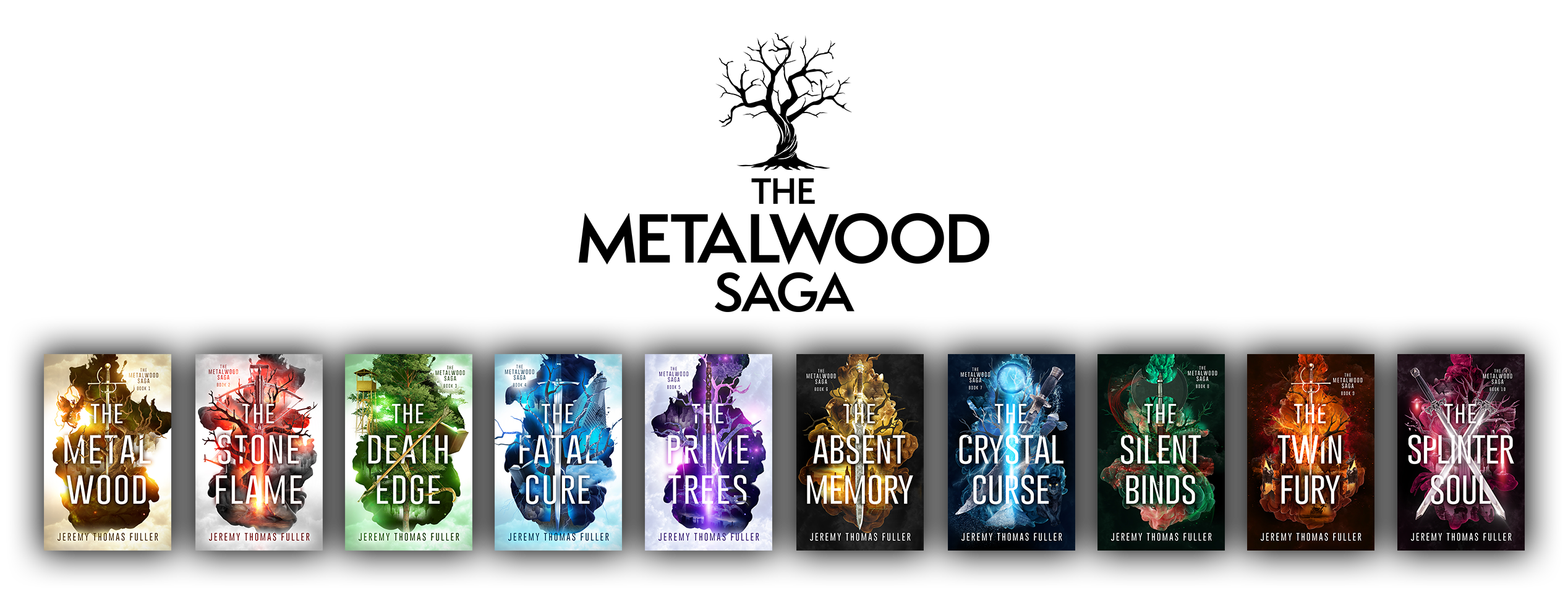 Covers of all ten books in The Metalwood Saga
